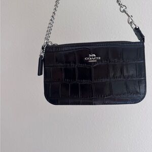 Coach Black Embossed Wristlet with Silver Accents